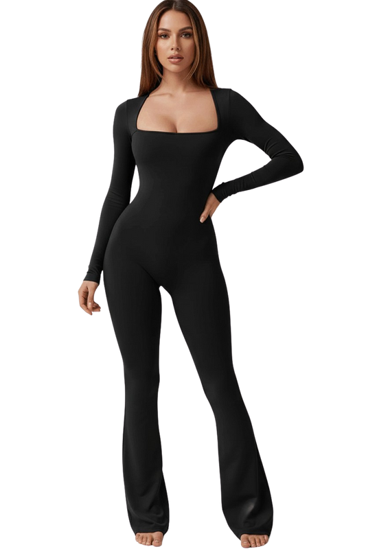 Ribbed Long Sleeve Flared Jumpsuit