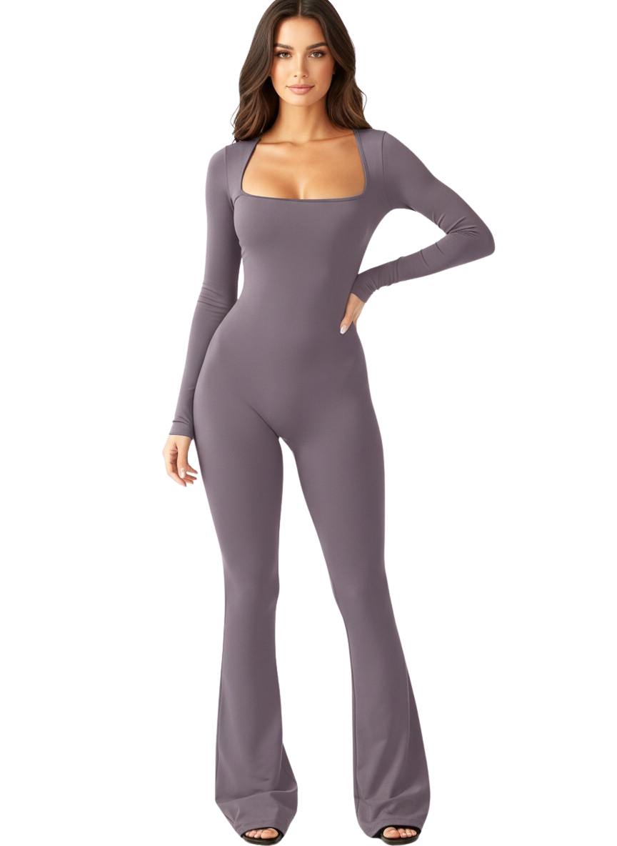Ribbed Long Sleeve Flared Jumpsuit