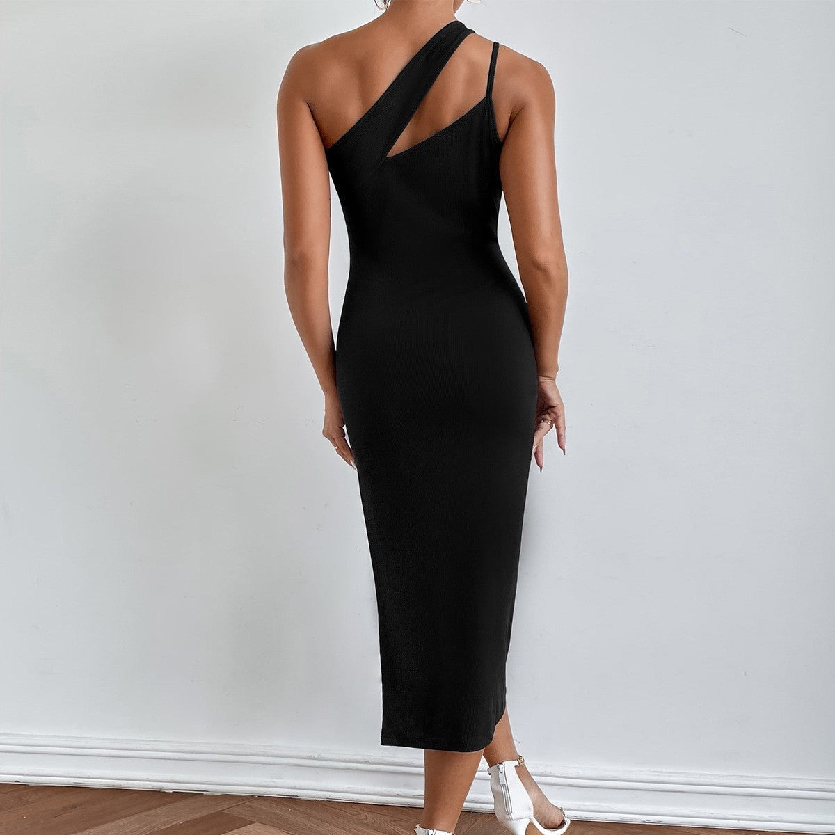 Ribbed One Shoulder Split Hem Bodycon Dress