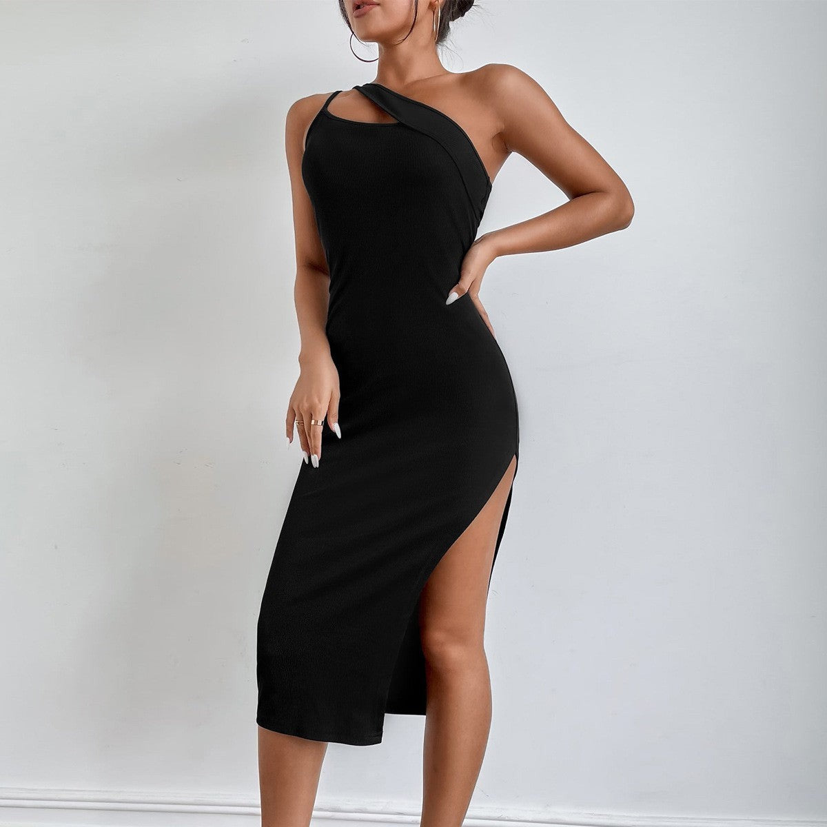 Ribbed One Shoulder Split Hem Bodycon Dress