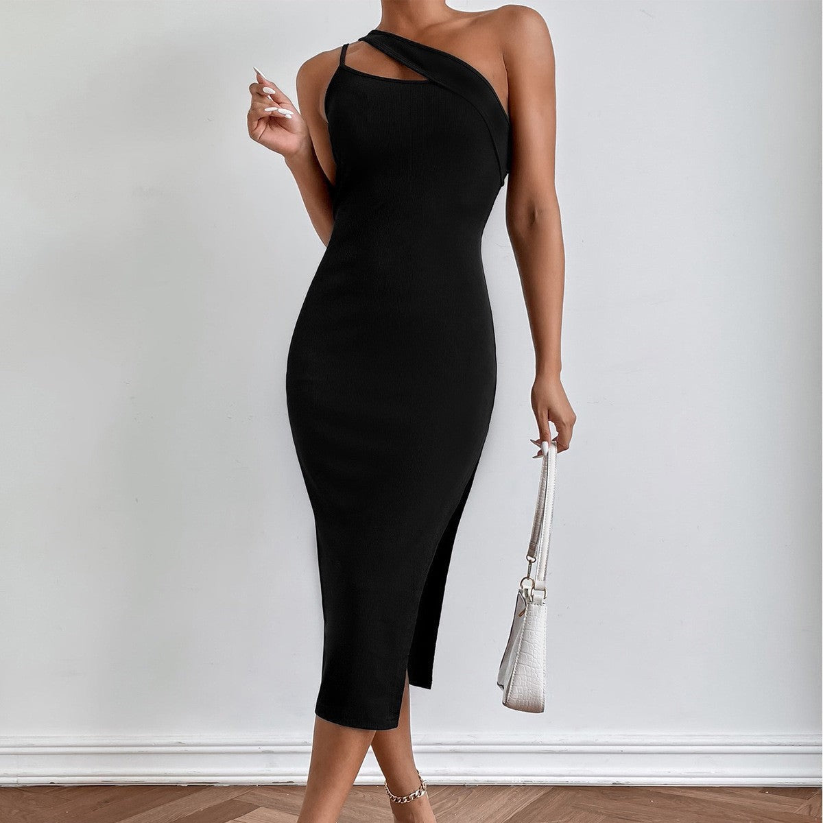 Ribbed One Shoulder Split Hem Bodycon Dress